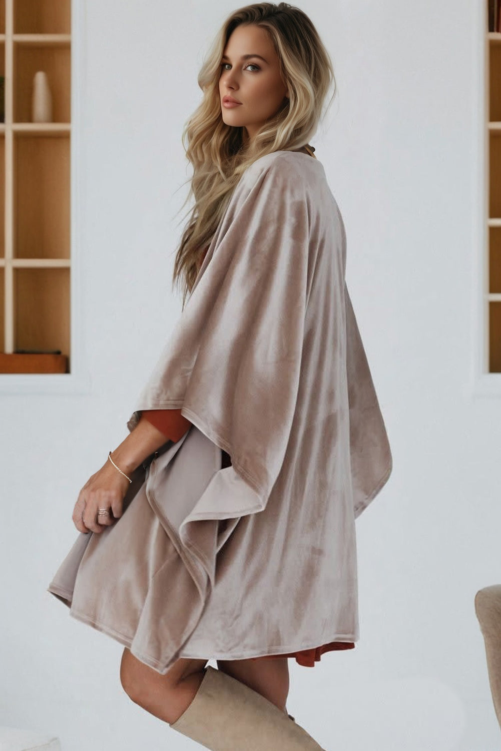 Smoke Gray Velvet Kimono Cardigan Open Front Three Quarter Sleeve Relaxed Fit Womens Lounge Wrap Dear-Lover Dropshipping
